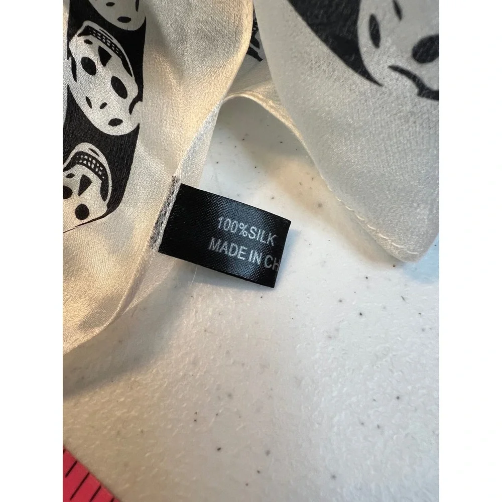 100% Silk Skull and Blue Butterfly Graphic Print Scarf White Black Rectangular